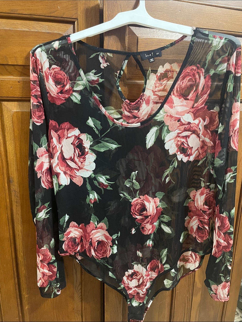 love J Black Mesh Bodysuit w Pink Rose Print, very shear very sexy Sz.2X NWOT